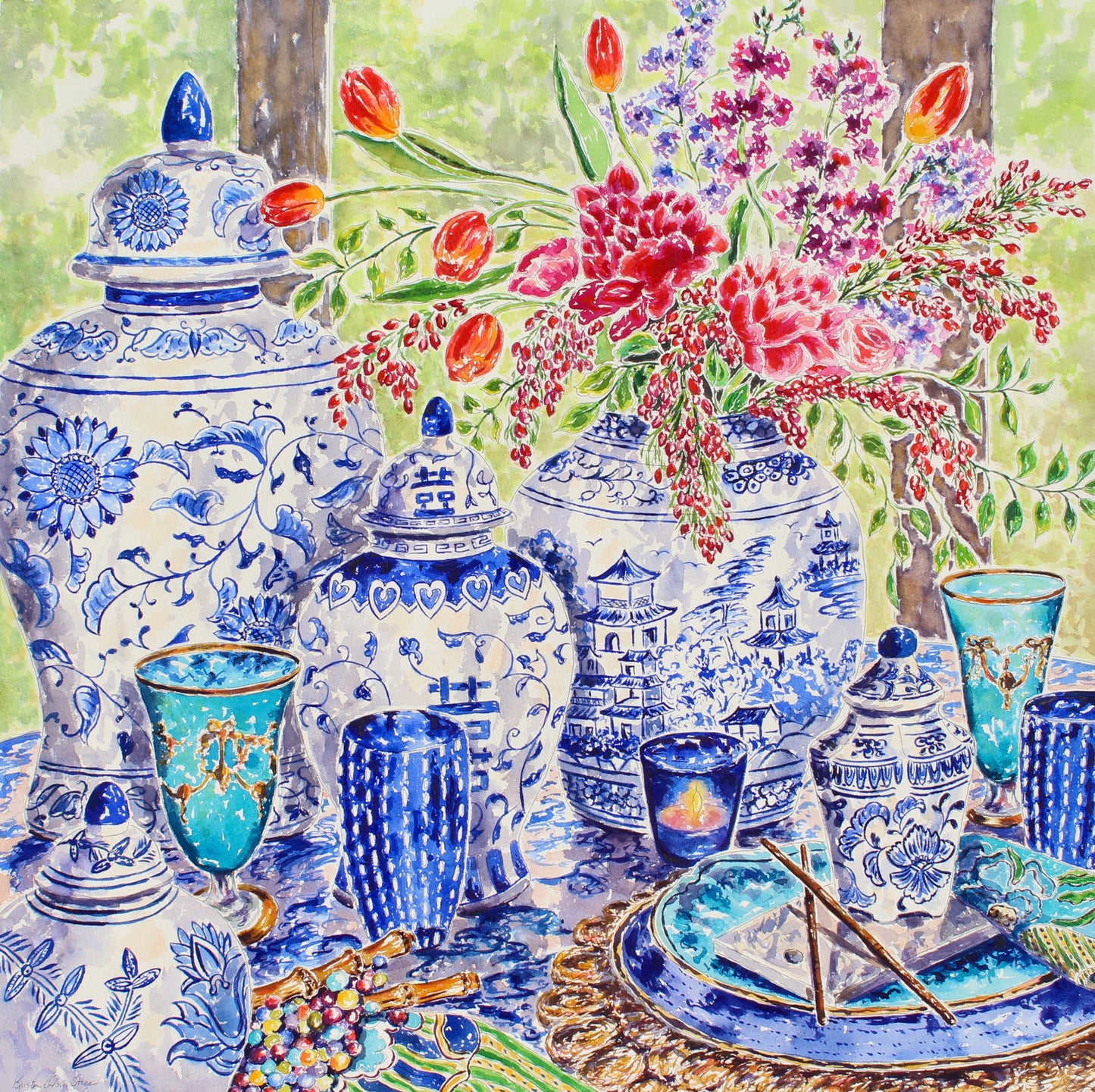 a large square watercolor painting of chinoiserie blue and white china with a bouquet of flowers. The china is surrounded by beautiful teal glassware, plates, a woven placemat and chopsticks. The background shows soft green trees
