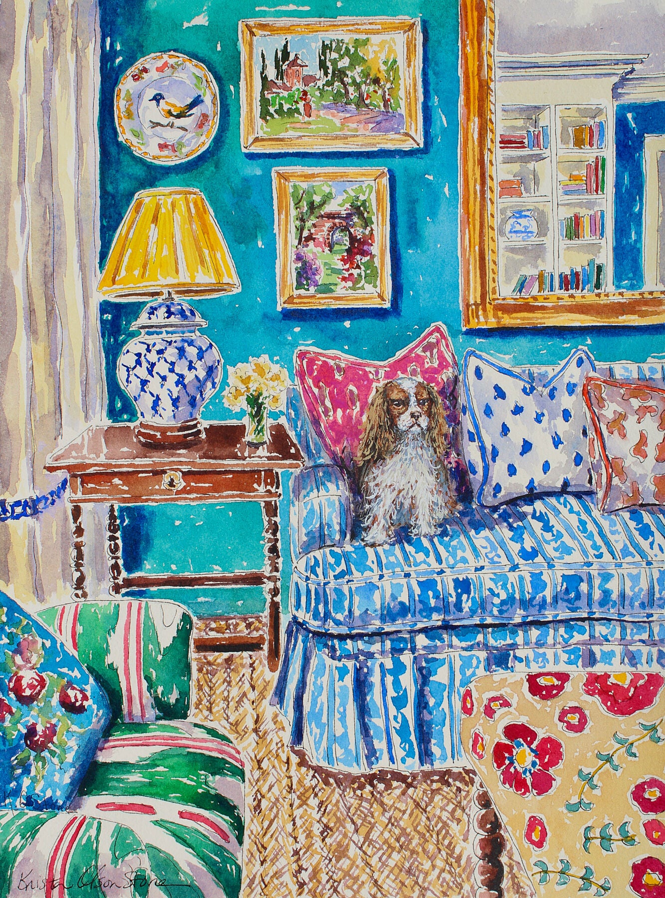 A limited edition print of a detailed watercolor and ink painting of a king charles spaniel sitting in a decorated room with beautiful blues and teal colors.