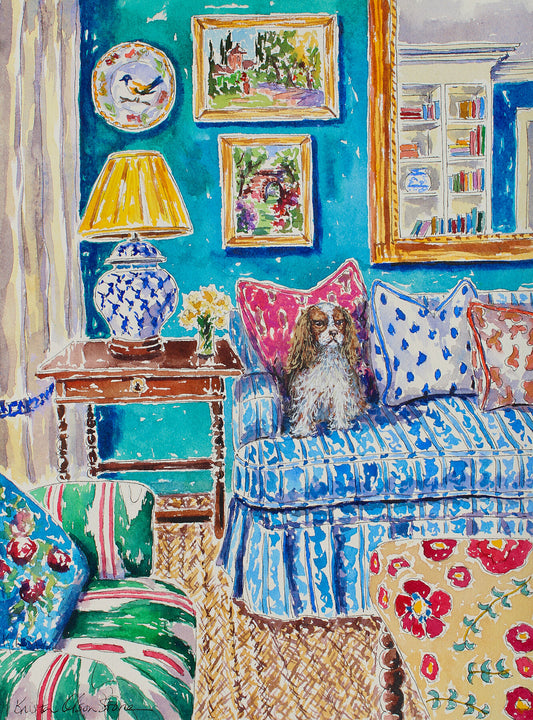 A limited edition print of a detailed watercolor and ink painting of a king charles spaniel sitting in a decorated room with beautiful blues and teal colors.  