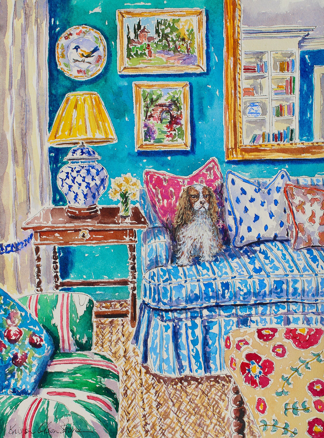 A limited edition print of a detailed watercolor and ink painting of a king charles spaniel sitting in a decorated room with beautiful blues and teal colors.  