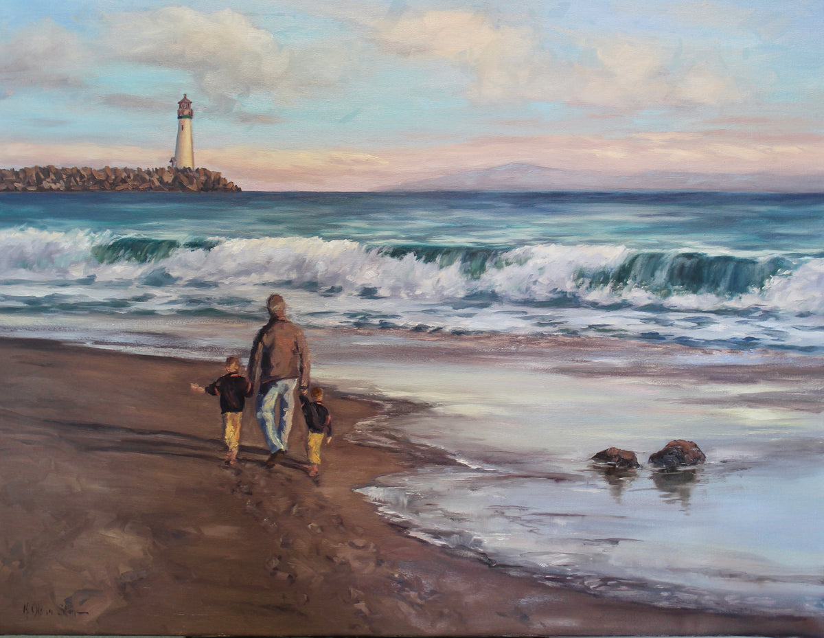 An original oil painting depicting a grandfather and two grandchildren walking on a beach with a lighthouse in the background, under a blue sky with white clouds.