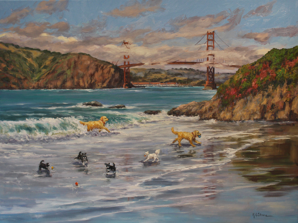 An oil painting of dogs playing on a beach with the Marin Headlands and the Golden Gate Bridge in the background, featuring schnauzers, a golden retriever, a bischon, and a golden doodle.