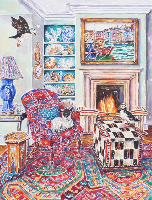 A watercolor painting with a lamb sitting in a blue and red patterned chair.  Across from the lamb sits a puffin on an ottoman with black, red and white patterns.  The oriental rug is colorful and painted with a lot of detail.  Another puffin is flying into the room to join his friend.  On the wall hangs a painting of an english fishing village and there is a large collection of seashells against a teal background.
