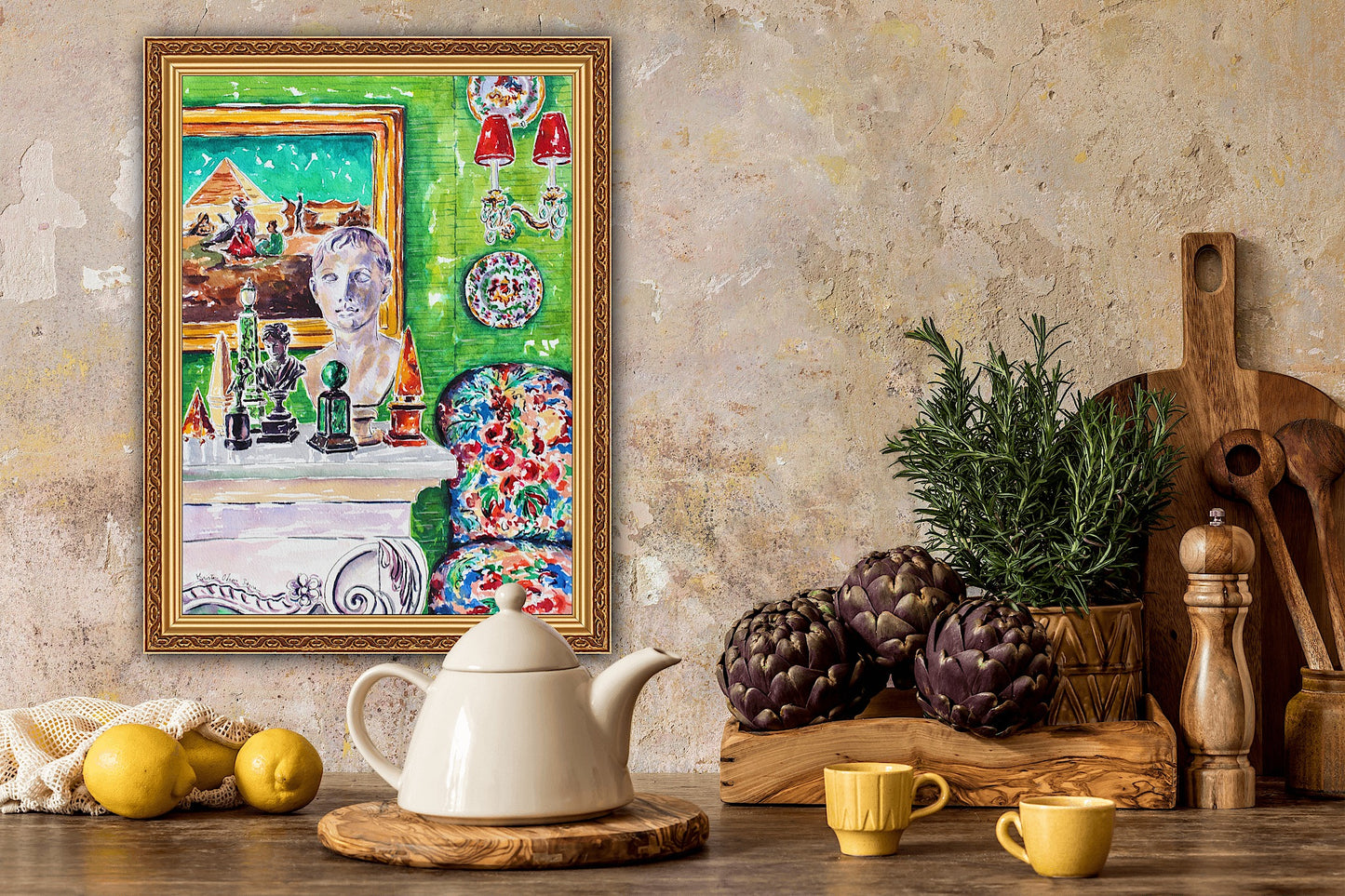 Indiana Jones Pyramid Room, An Original 14" x 10" Interior Vignette Of A Green Wall With Statues And Egyptian Art
