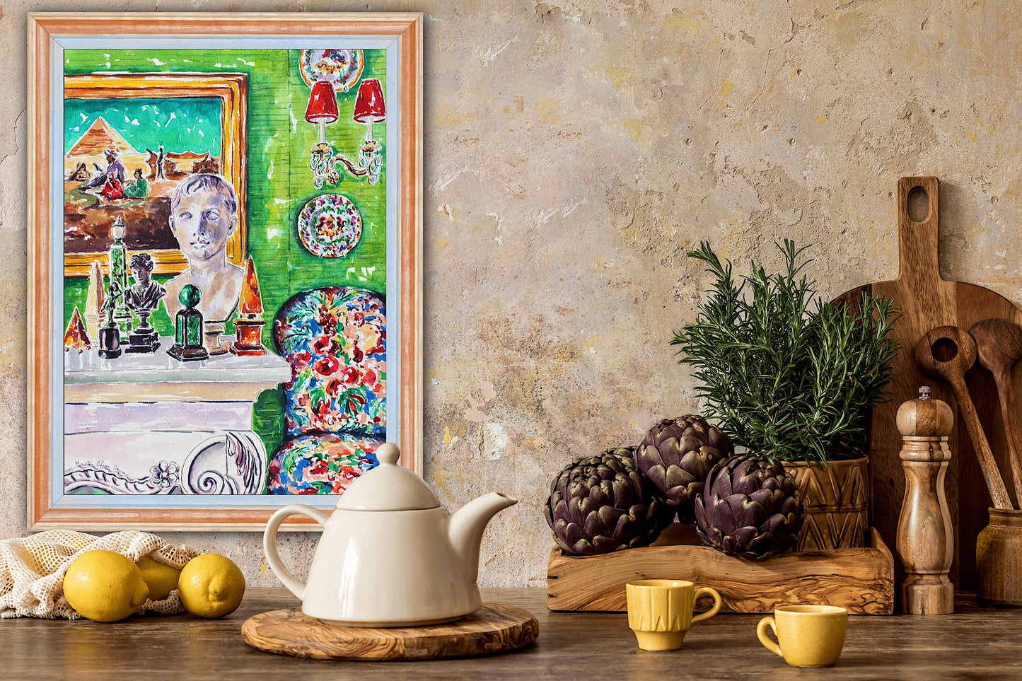 Indiana Jones Pyramid Room, An Original 14" x 10" Interior Vignette Of A Green Wall With Statues And Egyptian Art