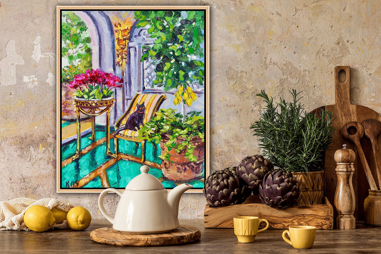 Villa di Roma, An Original Oil Painting On Canvas Of A Black Cat In A Garden Room