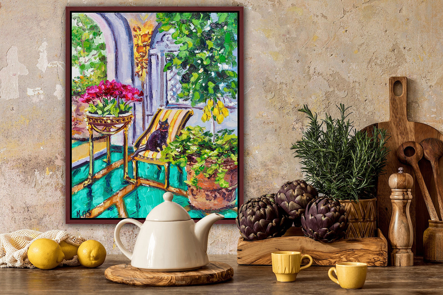 Villa di Roma, An Original Oil Painting On Canvas Of A Black Cat In A Garden Room