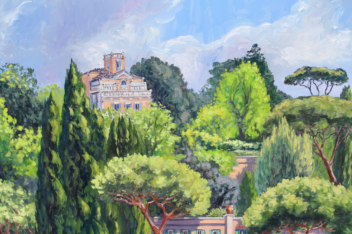 Borghese Gardens Villas, Original 30" Square Italian Oil Painting
