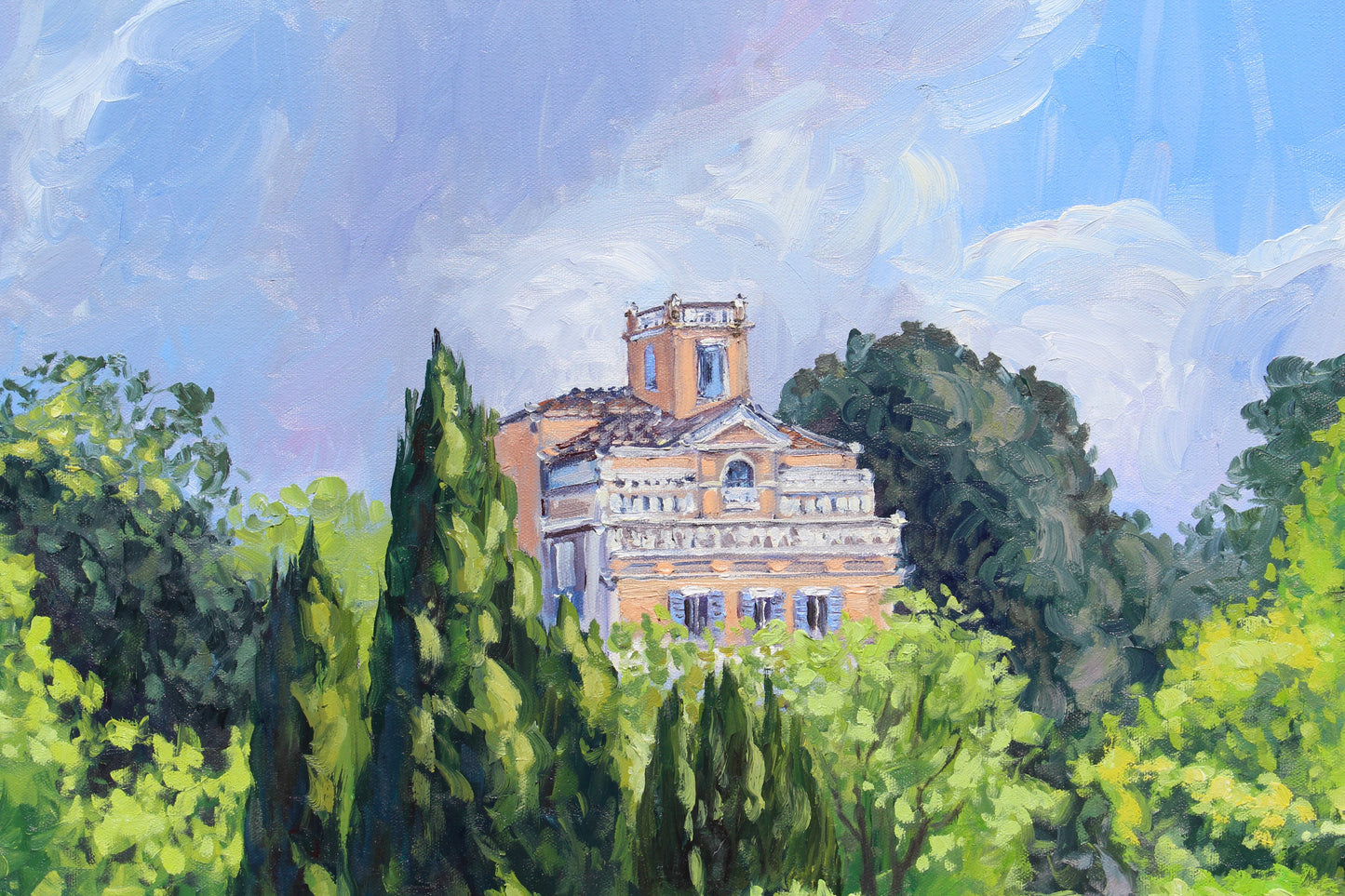 Borghese Gardens Villas, Original 30" Square Italian Oil Painting