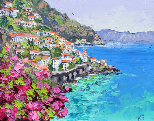 Summer In Amalfi, Original 11" x 14" Italian Seascape Oil Painting On Canvas Panel