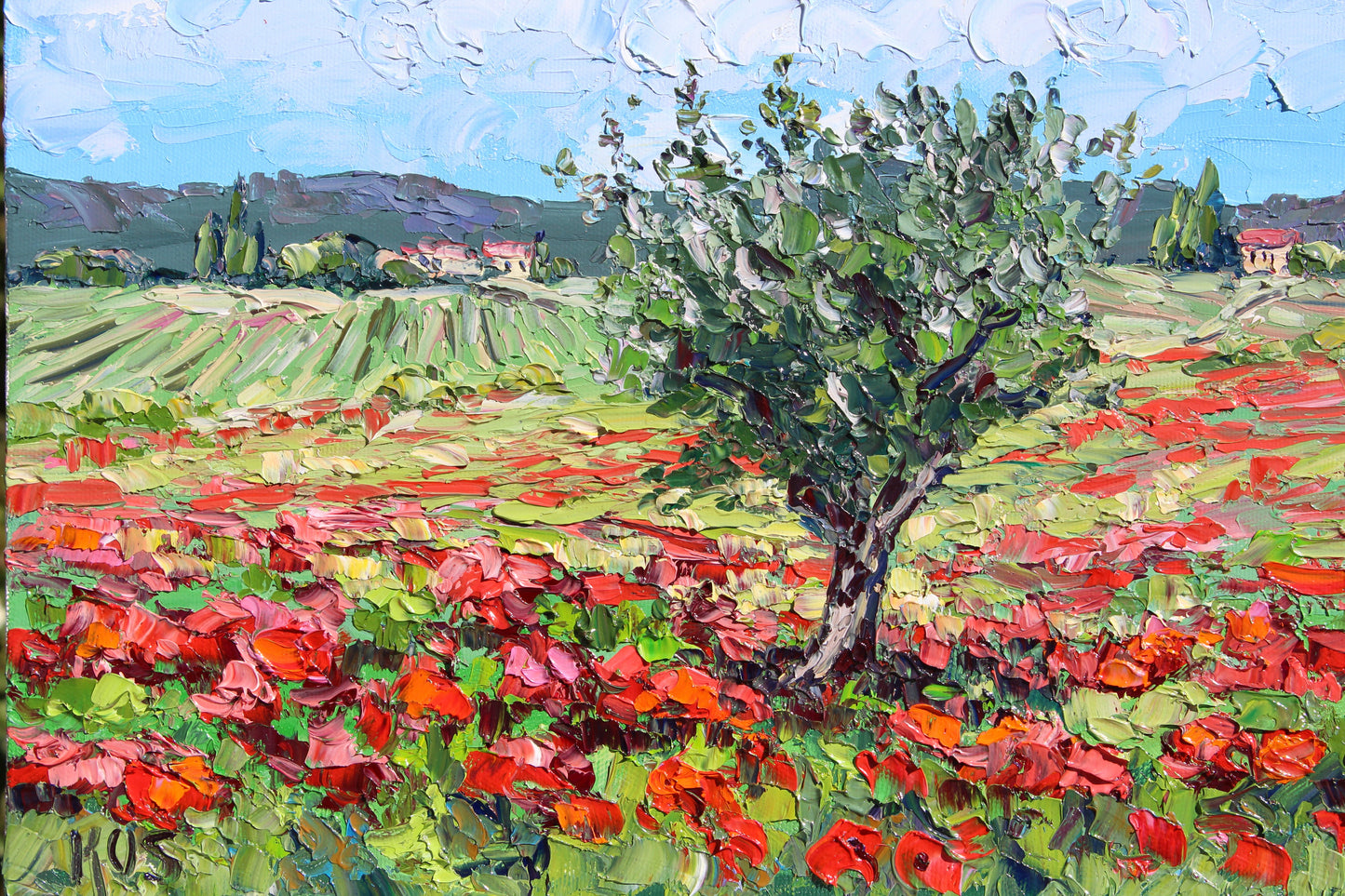 Dreaming Of Tuscany, Original 11" x 14" Italian Tuscan Landscape Oil Painting With Red Poppies And Olive Trees