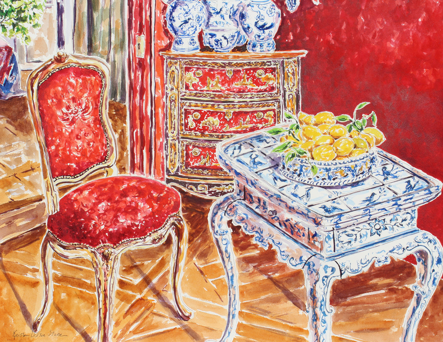 Opulent Chinoiserie, 30" x 22" Original Watercolor And Ink Painting Of Blue And White Ceramics And A Red Wall