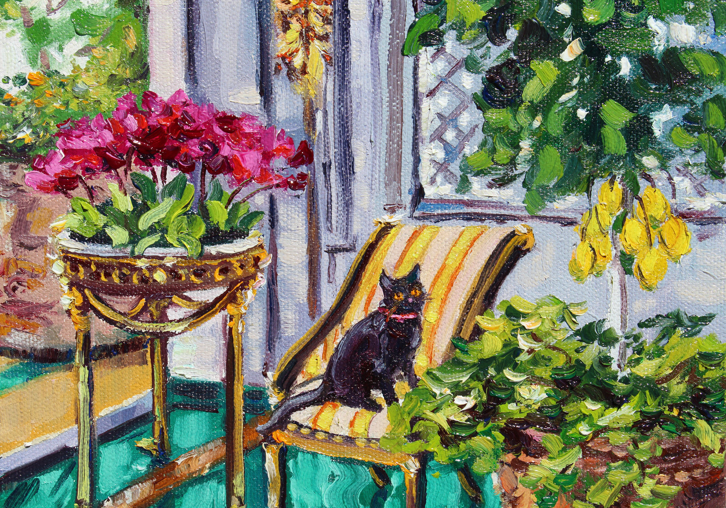 Villa di Roma, An Original Oil Painting On Canvas Of A Black Cat In A Garden Room