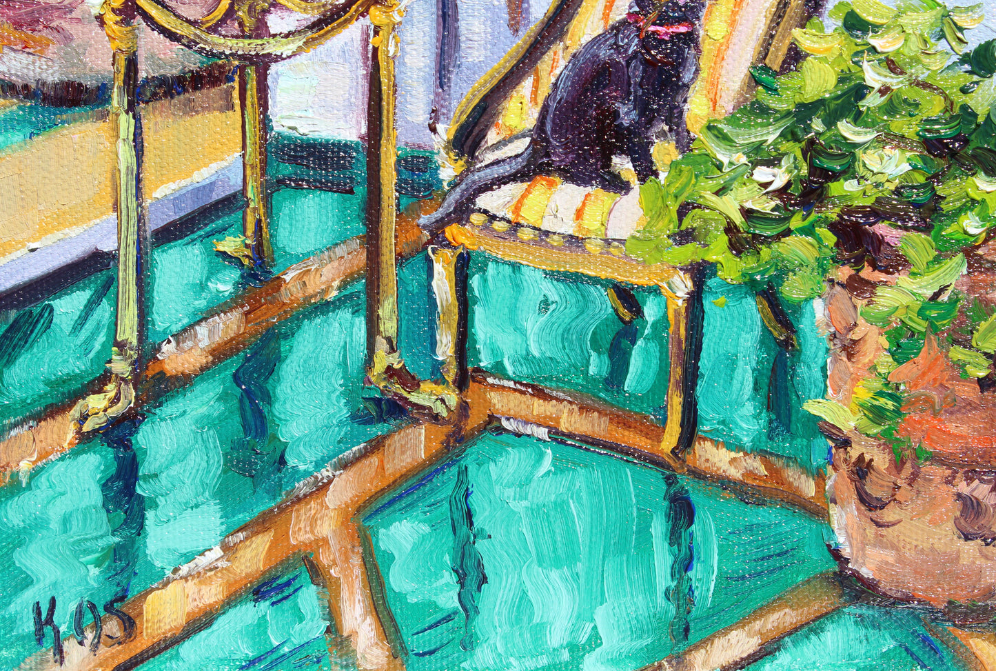 Villa di Roma, An Original Oil Painting On Canvas Of A Black Cat In A Garden Room