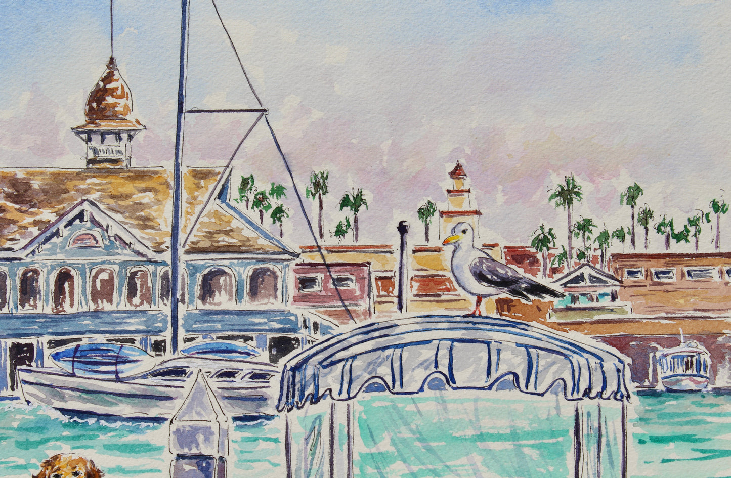 It's A Dog's Day On Balboa, An Original Watercolor And Ink Painting