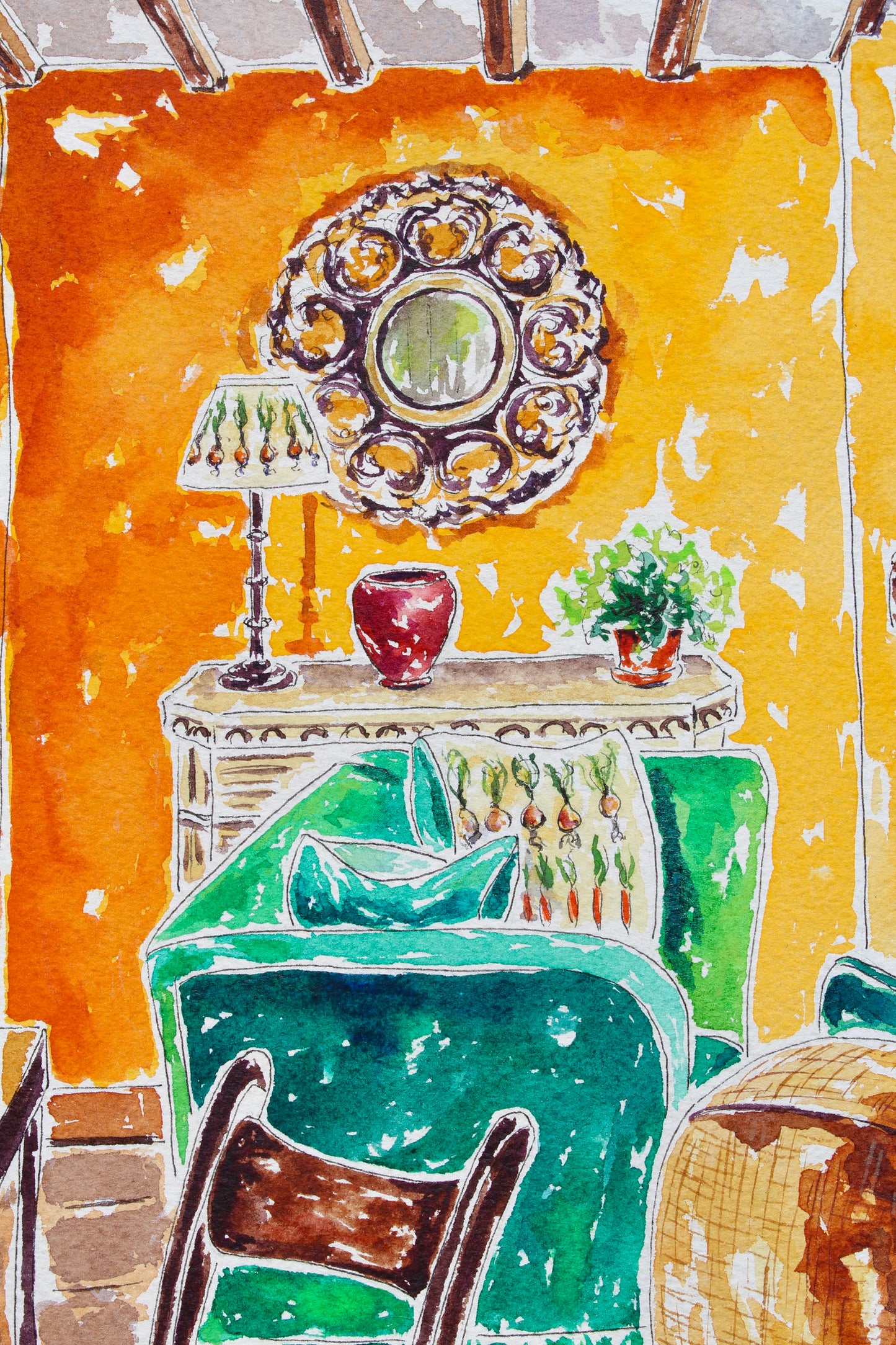 Miss Rev's Home Away From Home, An Original 20" x 16" Watercolor And Ink Painting Of An English Cottage With A Rough Collie
