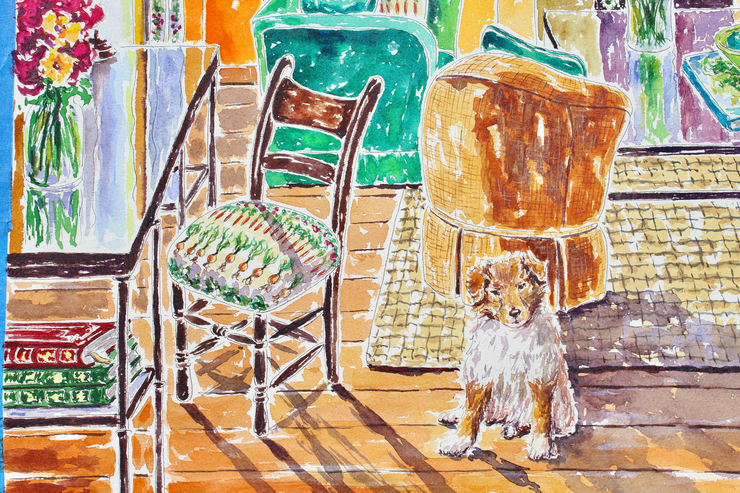 Miss Rev's Home Away From Home, An Original 20" x 16" Watercolor And Ink Painting Of An English Cottage With A Rough Collie