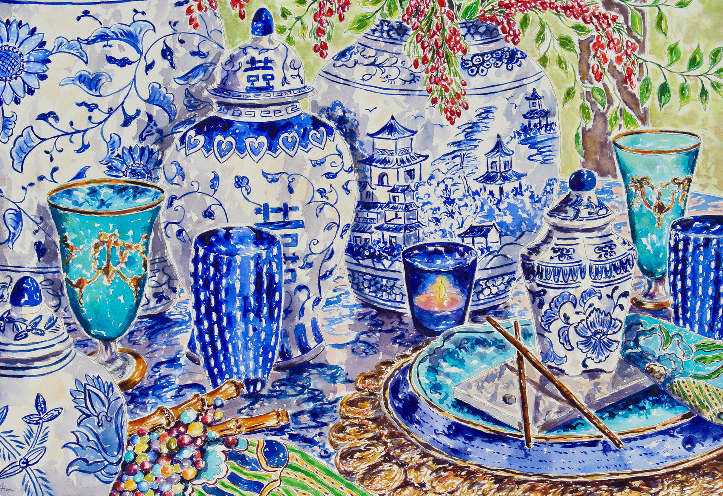 Chinoiserie Table Style, An Original Watercolor And Ink Painting