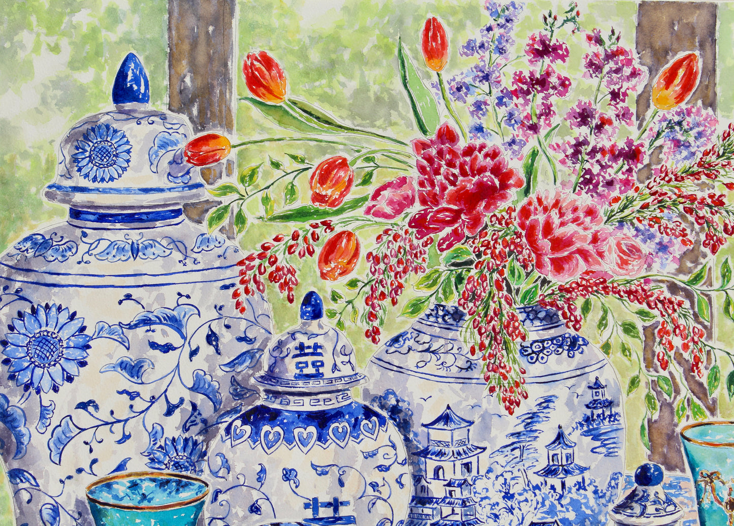 Chinoiserie Table Style, An Original Watercolor And Ink Painting