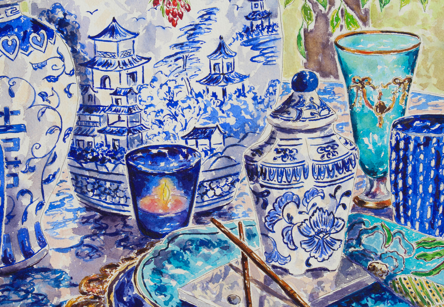 Chinoiserie Table Style, An Original Watercolor And Ink Painting