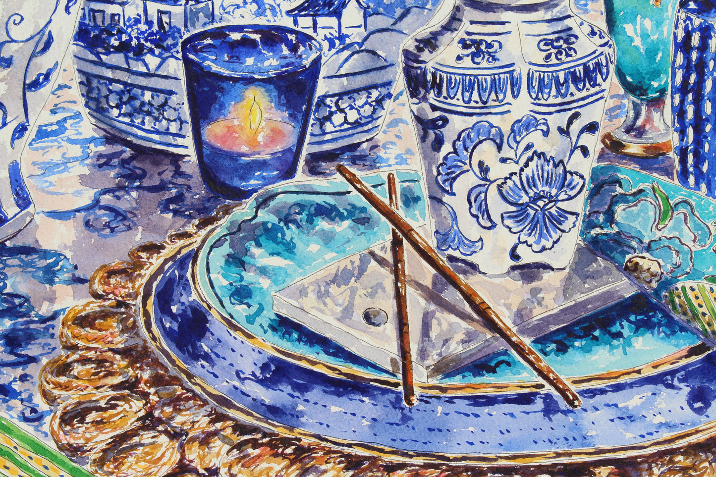Chinoiserie Table Style, An Original Watercolor And Ink Painting