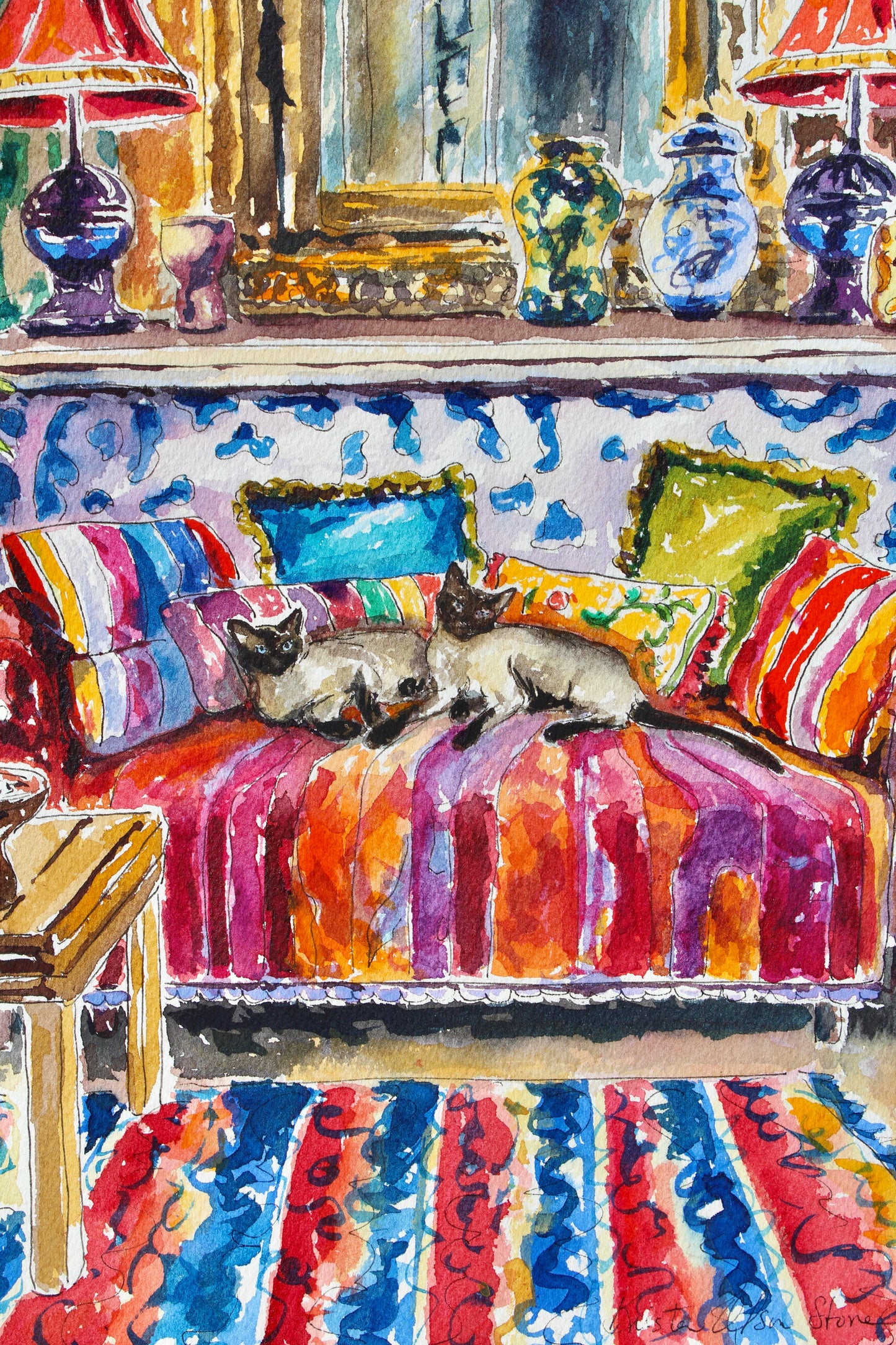 Siamese In Siam, An Original Watercolor And Ink Painting