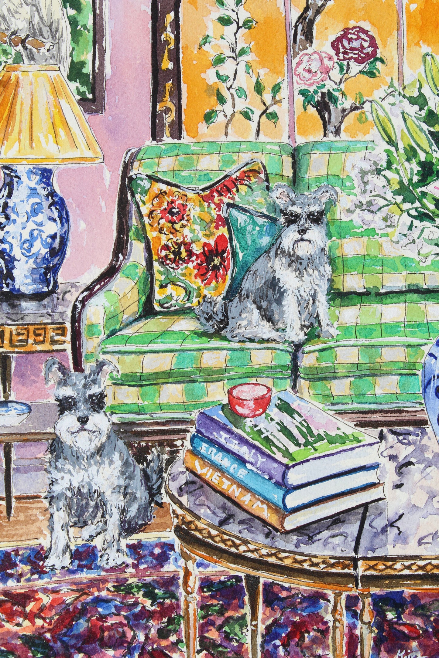 An original watercolor painting of 2 schnauzer dogs in an interior setting, The Schnauzers