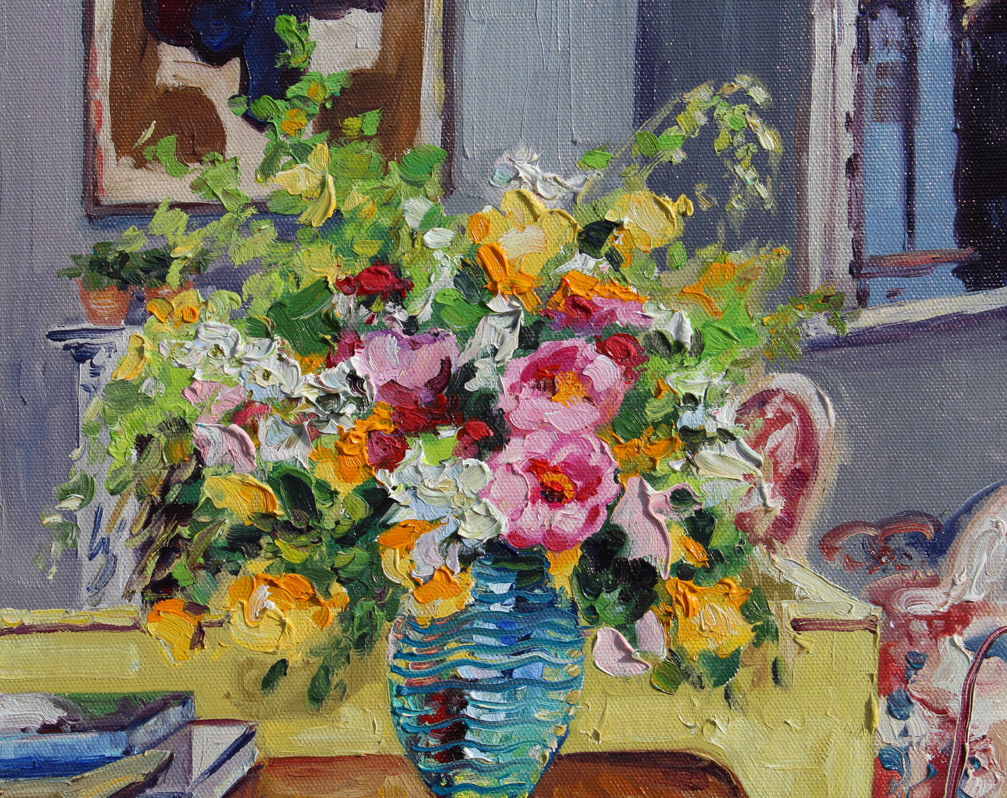 An Original Interior Oil Painting On Canvas, "What A Special Surprise"