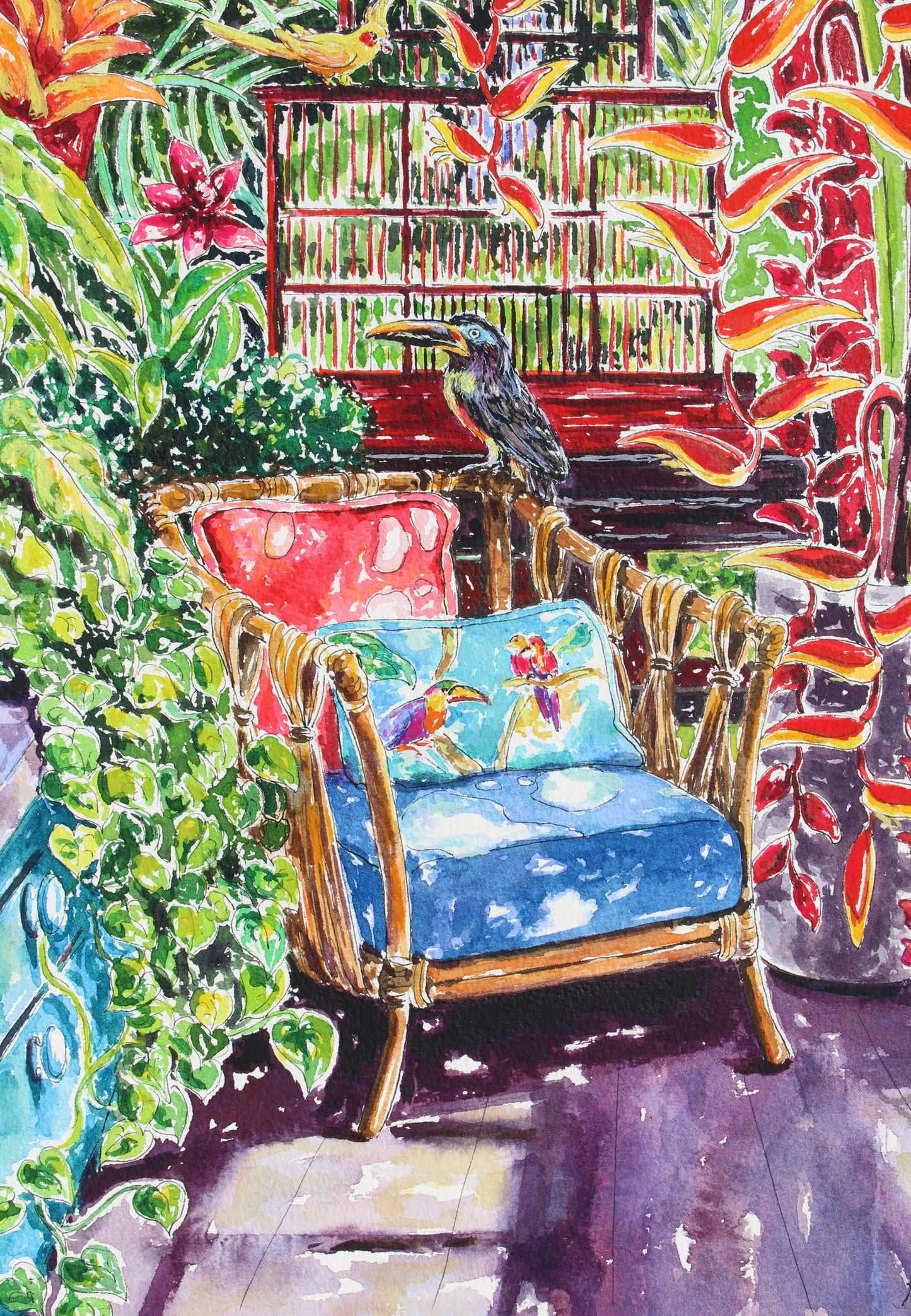 An Original Watercolor tropical home and birds painting, "Feathering The Nest"