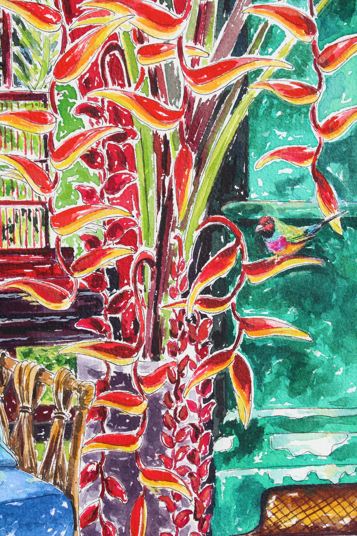 An Original Watercolor tropical home and birds painting, "Feathering The Nest"