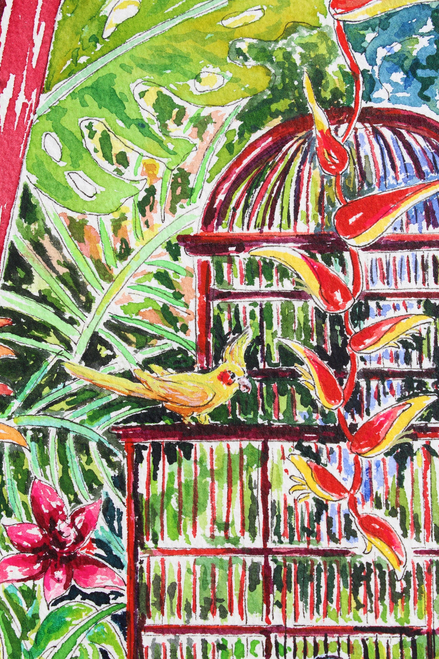 An Original Watercolor tropical home and birds painting, "Feathering The Nest"