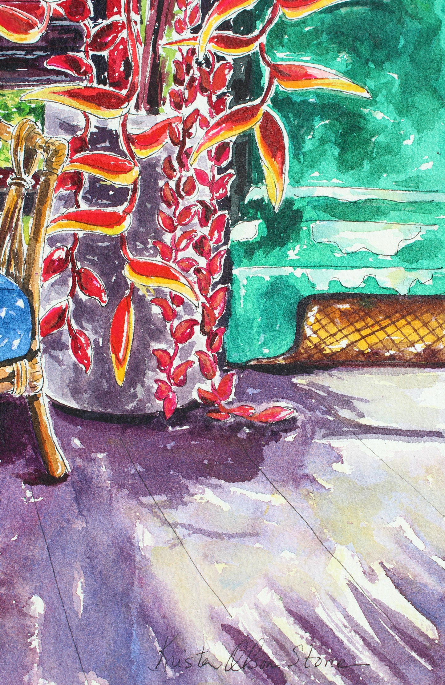 An Original Watercolor tropical home and birds painting, "Feathering The Nest"