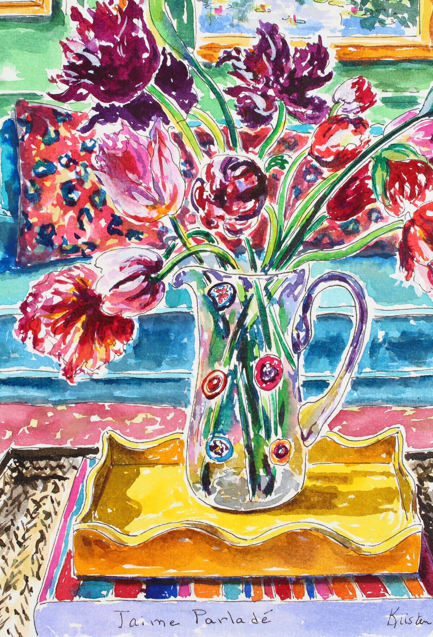 Springtime In London, An Original 12" x 9" Watercolor And Ink Interior Still Life Painting