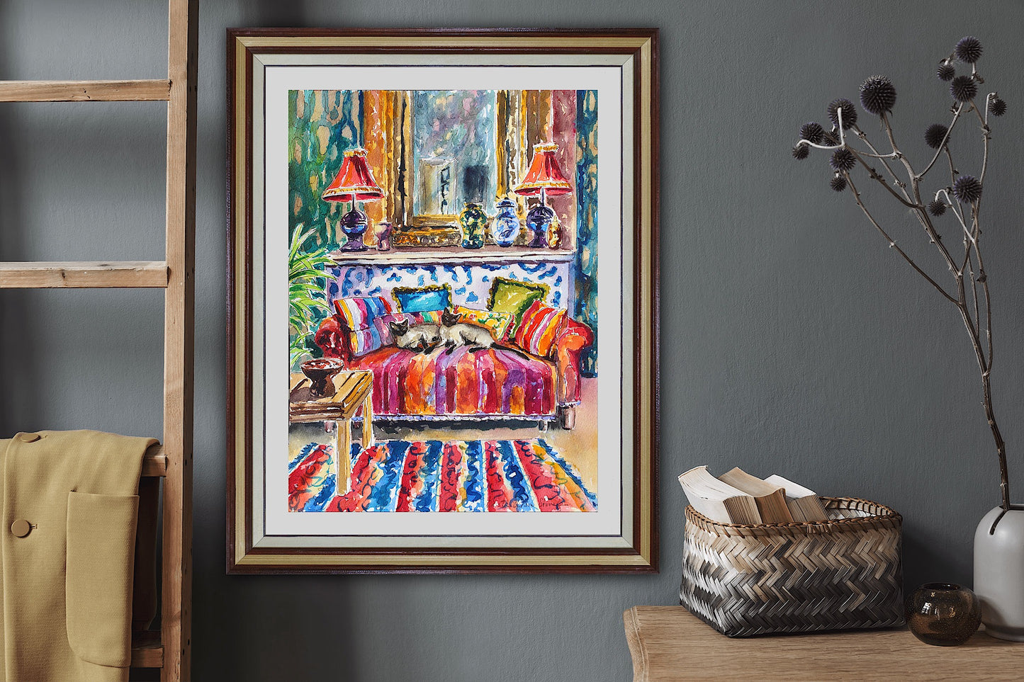 Siamese In Siam, An Original Watercolor And Ink Painting