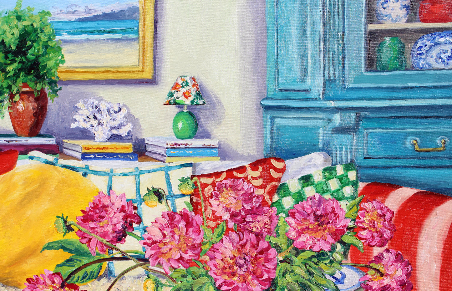 Original Fairy Blue Penguin Interior Oil Painting, A Living Room Tale