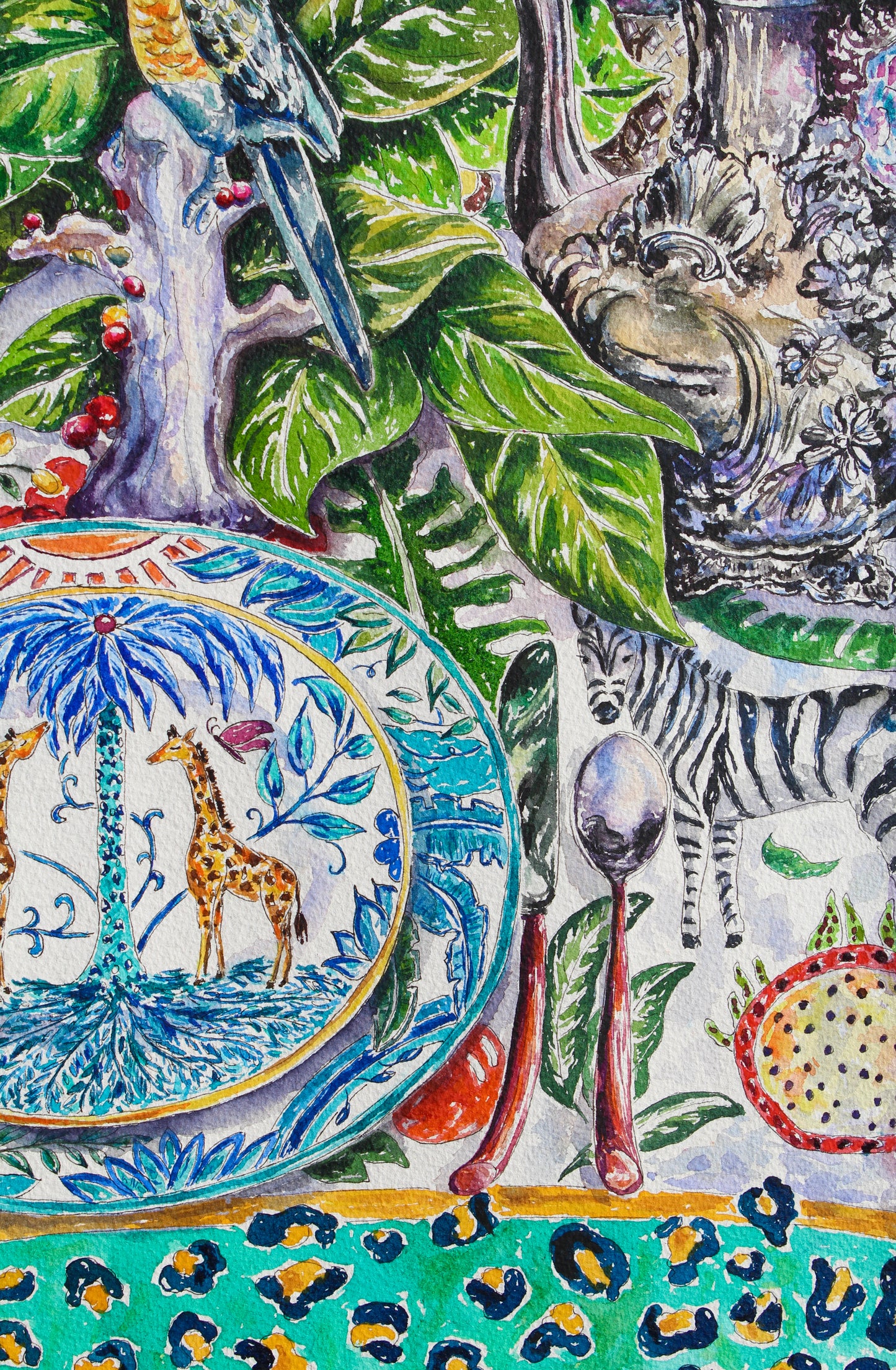 The Grand Safari Table, Original Large Vertical Watercolor Painting