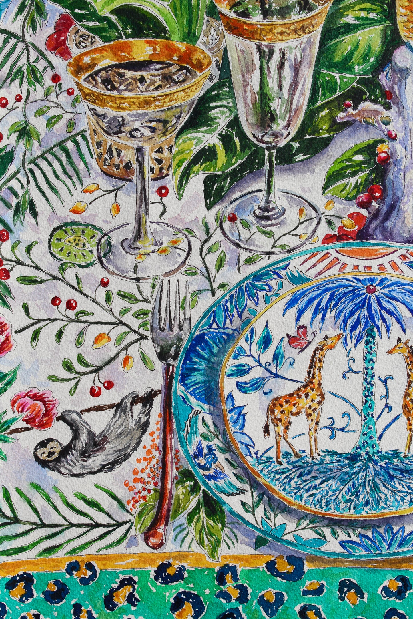 The Grand Safari Table, Original Large Vertical Watercolor Painting