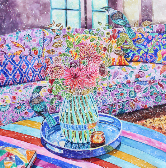 extra large watercolor painting with birds and flowers