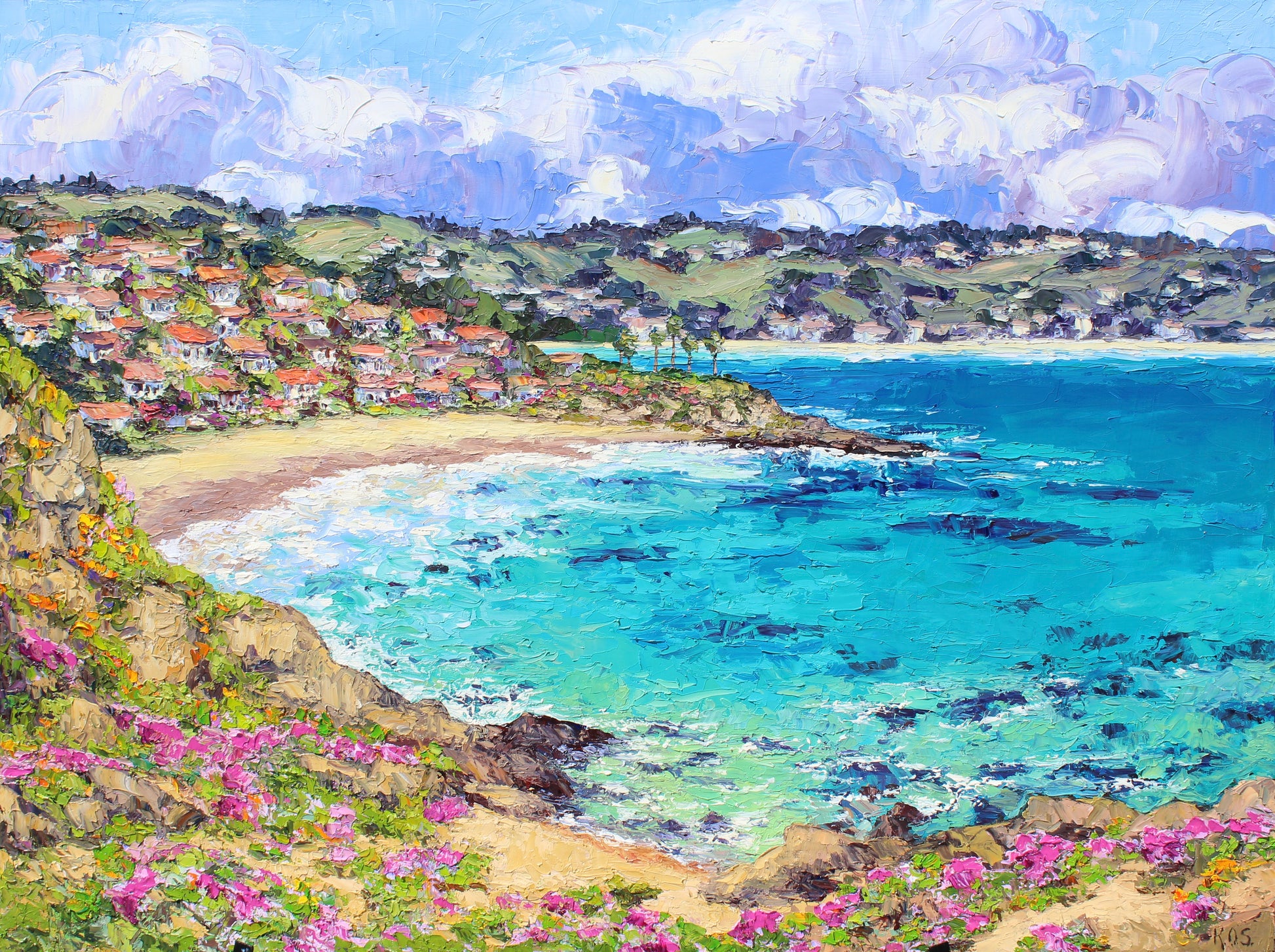 A textured oil painting of crescent bay laguna beach california