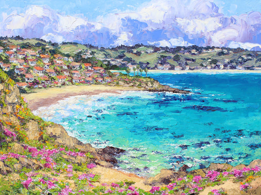 A textured oil painting of crescent bay laguna beach california