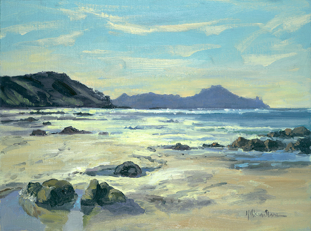 A painting of Mangawhai Heads beach with afternoon light, showcasing the ocean and sea rocks.