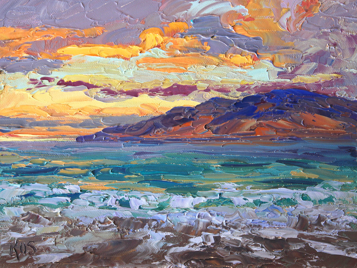 An original oil painting of a sunset viewed from Maui over the island of Lanai. Thick strokes of oil paint give this painting a contemporary impressionist look.