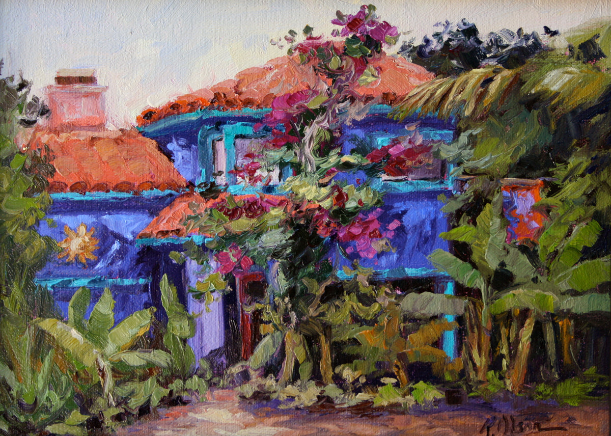 A colorful plein air painting of a blue house on Balboa Island, Newport Beach, Southern California surrounded by green foliage and a vibrant pink flower.