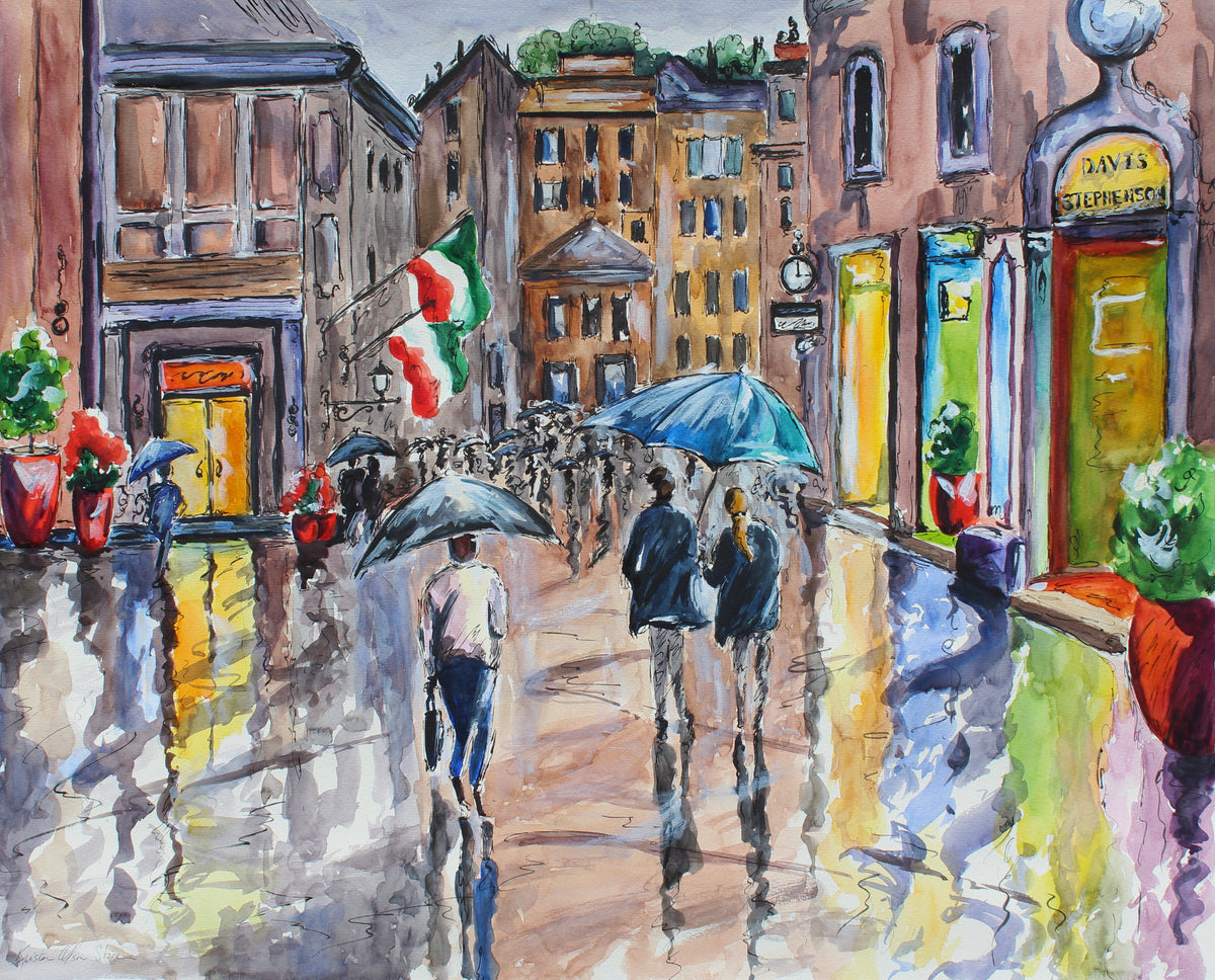 A watercolor painting depicting a rainy street scene in Rome with several people umbrella-shopping.