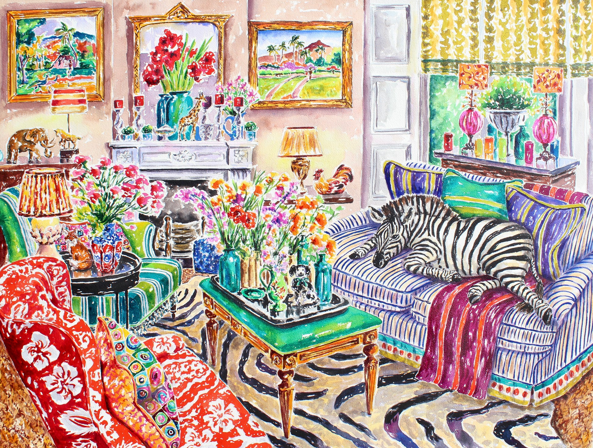 A young Zebra lies on a blue and white striped sofa.  A zebra rug is on the floor.  This is a maximalist designed room.  There are several vases of colorful flowers throughout the room.  There are statues of animals throughout the room including a giraffe, a fox, an elephant, a horse and a dog.  Two paintings by Gaughan hang on the wall on either side of the fireplace and are framed in gold frames.  Colorful pillows are on the sofa and there is a red and white tropical patterned chair as well as a green and