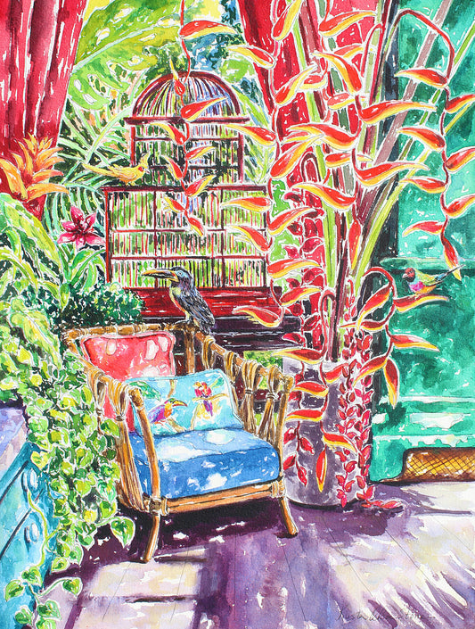 A detailed original watercolor and ink painting of an aracari toucan a cockatiel and a gouldian finch in a tropical styled garden room with hanging red and yellow heliconia. this is a limited edition print