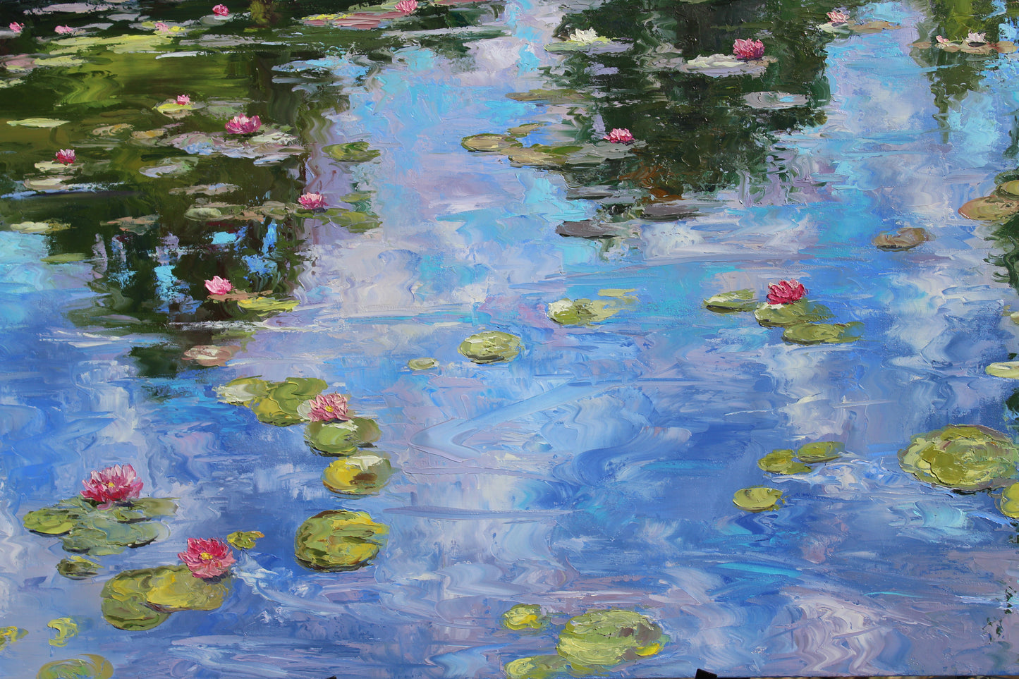 Extra Large Water Lily Painting, "An Ode To Monet", Garden Landscape Of Monet's Pond, 40" x 60" Oil On Canvas