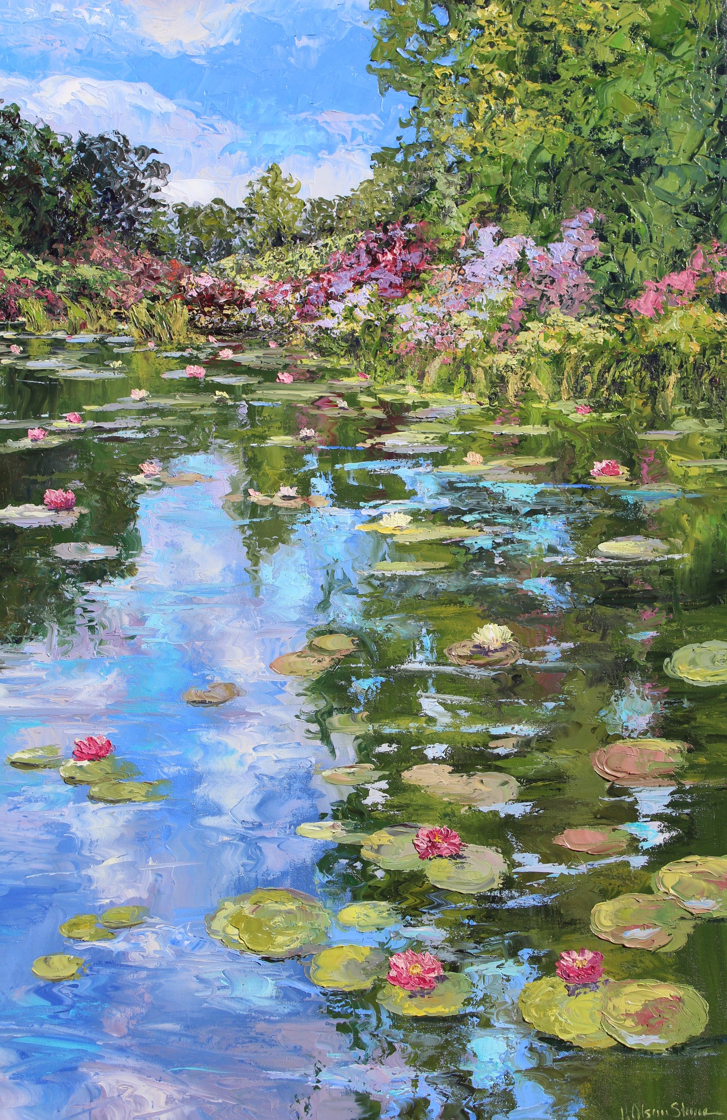 Extra Large Water Lily Painting, "An Ode To Monet", Garden Landscape Of Monet's Pond, 40" x 60" Oil On Canvas