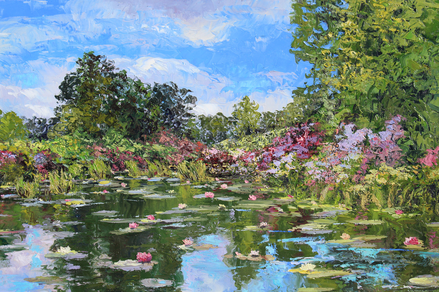 Extra Large Water Lily Painting, "An Ode To Monet", Garden Landscape Of Monet's Pond, 40" x 60" Oil On Canvas