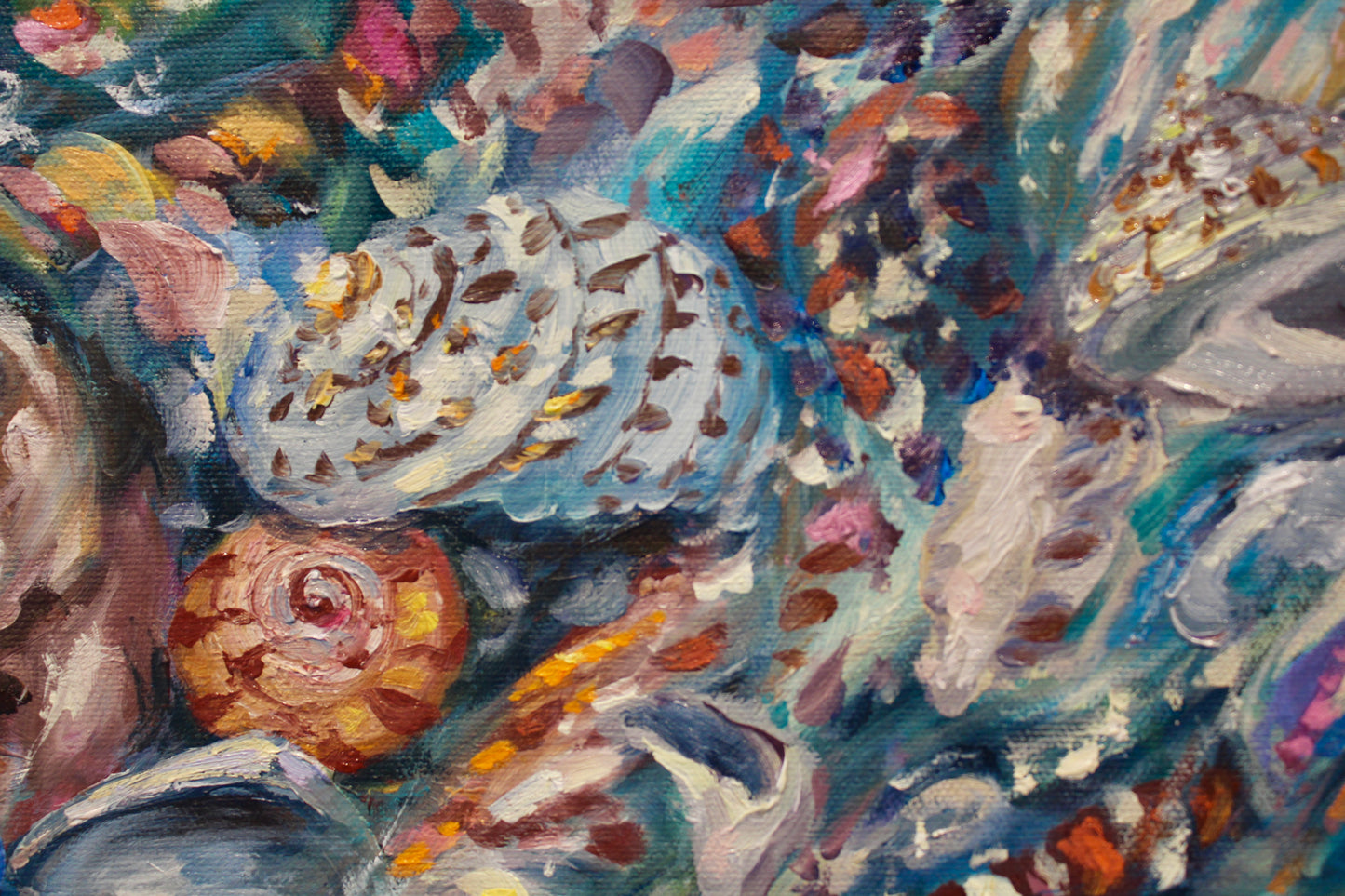 Tide Pool V, An Original 32" x 38" Highly Detailed Seashell Oil Painting On Canvas With Turquoise Water